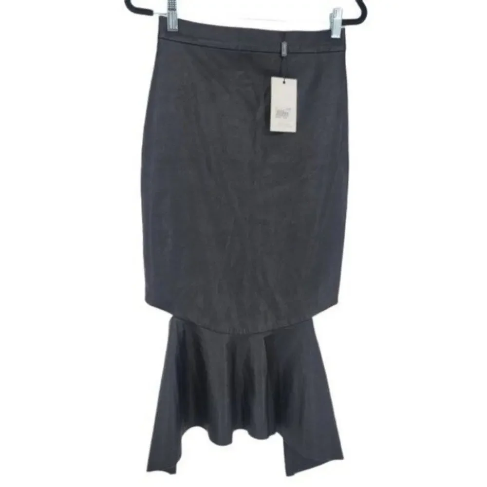 Bardot Milano Faux Leather Black Figure Hugging Peplum Edge Midi Skirt Size 4